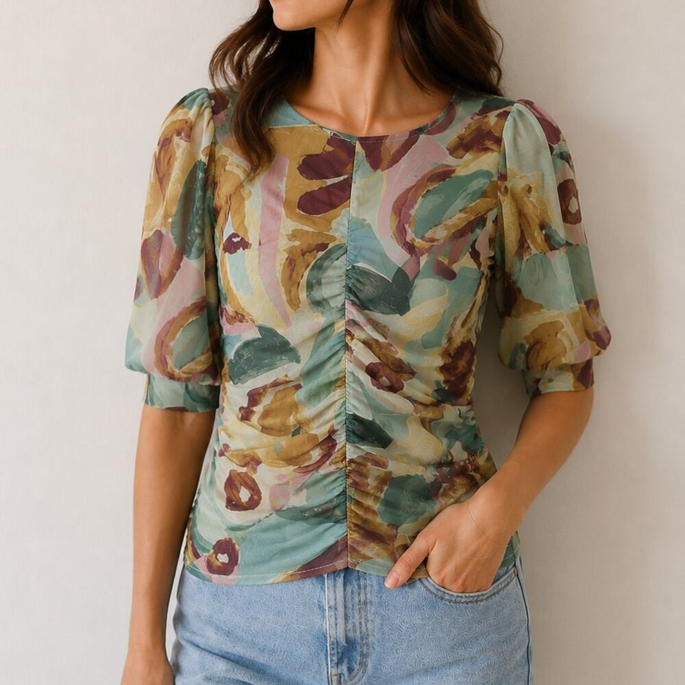 Ted Baker Mesh Top Watercolor Floral Blouse Ruched Y2K Romantic Size 3/ Medium